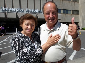 James Poulias and his wife Lena Poulias of Tecumseh display their complete satisfaction after James received the first North American Acurate TA transcatheter aortic valve implantation (TAVI) at London Heath Sciences Centre on May 12, 2014.  Poulias was smiling brightly while discussing his successful recovery with media and heart surgeons Dr. Michael Chu and Dr. Bob Kiaii july 17, 2014. (NICK BRANCACCIO/The Windsor Star)