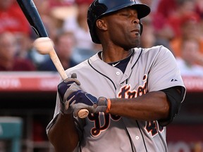 Detroit's Torii Hunter is almost hit by a pitch in the second inning against the Los Angeles Angels of Anaheim at Angel Stadium Thursday in California. (Photo by Lisa Blumenfeld/Getty Images)
