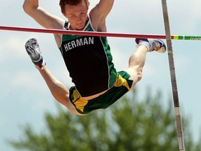 Herman's Dylan Primeau competes in the pole vault during the WECSSAA track and field championships at Alumni Field. (TYLER BROWNBRIDGE/The Windsor Star)