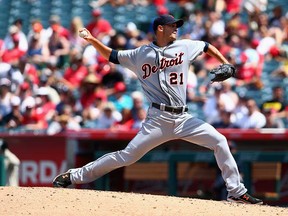 Rick Porcello #21 of the Detroit Tigers pitches against the Los Angeles Angels of Anaheim in the seventh inning at Angel Stadium of Anaheim on July 27, 2014 in Anaheim, California. The Angels defeated the Tigers 2-1. (Photo by Jeff Gross/Getty Images)