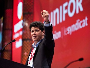 Jerry Dias gives a speech after being declared the first president of the new Unifor union. (THE CANADIAN PRESS/Galit Rodan)