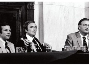 Host Dick Cavett, center, on location in the Senate Watergate Committee hearing room in Washington with Committee Vice-Chairman, Sen. Howard Baker, left, and Sen. Lowell Weicker. PBS is marking the 40th anniversary of President Richard Nixon's resignation by running a documentary on the Watergate scandal seen through the prism of Cavett's late-night talk show at the time. PBS announced Tuesday, July 1, 2014, it would air Aug. 8 at 9 p.m. EDT _ 40 years to the hour after Nixon announced to the nation that he was quitting. (AP Photo/PBS, Daphne Productions)