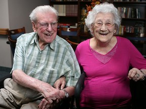 Jack Bess, 99, and Bess Skelton, 101, pictured at their home at Oak Park Terrace, Saturday, July 26, 2014, recently celebrated their 76th wedding anniversary.  (DAX MELMER/The Windsor Star)