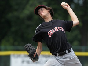 Blake Falkner of the Windsor Selects pitches against the Oakville Royals during PBLO action at Cullen Field, Sunday, July 13, 2014. The Selects won the first game of the doubleheader 5-2 before dropping the second game 15-6. (DAX MELMER/The Windsor Star)