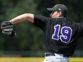 Tecumseh's Zack Breault, pitcher for the Tecumseh Thunder Senior AAA, pitches a perfect game in a 10-0 mercy win against the Windsor Selects at Cullen Field, Saturday, July 26, 2014.  (DAX MELMER/The Windsor Star)
