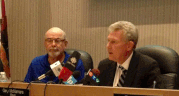 Daniel Vielfaure (right), chief operating officer of Bonduelle Americas, speaks at Tecumseh town hall with Mayor Gary McNamara (left) on July 18, 2014. (Derek Spalding / The Windsor Star)