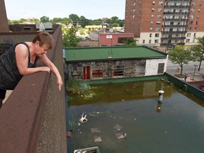 Janet Malette looks out over the flooded roof of an abandoned building at Ouellette Avenue and Elliott Street in Windsor, Ontario.  (JASON KRYK/The Windsor Star)