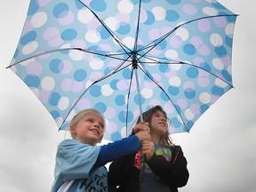 From left,  Sarah McCabe-Deslippe and Emily McCabe use an umbrella to keep dry after rain and lightning stopped the Windsor Soccer Club games at the Ford Test Track Windsor, Ontario on July 29, 2014.   (JASON KRYK/The Windsor Star)
