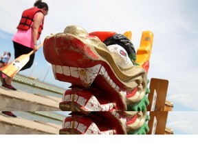 A dragon boat sits docked during the International Dragon Boat Festival for the Cure at Tecumseh Waterfront Park, Sunday, July 13 , 2014.  (DAX MELMER/The Windsor Star)