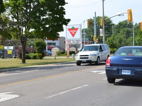 Amherstburg's Sandwich Street - pictured at the intersection with Pickering Street - is in need of repair and re-configuration with a dedicated left turn lane, according to engineering studies. The county will pay $467,828 of the $1,216,500 price tag. JULIE KOTSIS/The Windsor Star