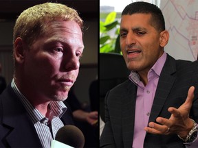 Angelo Gertsakis (left), president of the Windsor Professional Firefighters' Association, and Windsor Mayor Eddie Francis (right) at separate press conferences on July 2, 2014. (Nick Brancaccio / The Windsor Star)