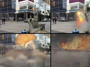 Screenshots demonstrating the FxGuru app, used here to depict a rocket launcher attack on the Windsor Star building. Police have charged a local man for making a similar video involving Windsor police headquarters.