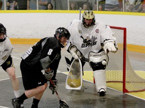 Windsor's Kellen LeClair, left, and goalie Cooper Cecile, right, battle for a loose ball against Orangeville's Todd Greer at Forest Glade Arena, Saturday, July 19, 2014. (RICK DAWES/The Windsor Star)