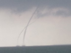 An image of waterspouts forming over Lake Erie near the shores of Colchester on July 10, 2014. Photo taken by Landis Marotte of Amherstburg while on the water.