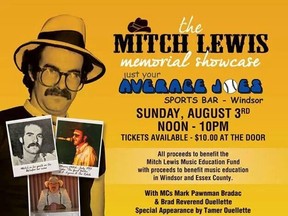 The Mitch Lewis Memorial Showcase is Sunday, Aug. 3, from noon to 10 p.m. at Just Your Average Joes, 1286 Lauzon Rd. (Image design by Jess Jagmin Designs)