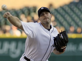 Tigers starting pitcher Max Scherzer throws during the first inning against the Tampa Bay Rays in Detroit, Thursday, July 3, 2014. (AP Photo/Carlos Osorio)