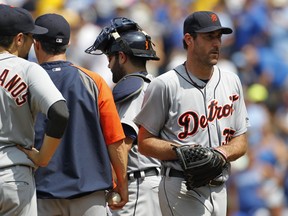 Detroit Tigers pitcher Justin Verlander leaves the mound after he was taken out of the game against the Kansas CIty Royals in seventh inning at Kauffman Stadium in Kansas City, Mo., Sunday, July 13, 2014. (AP Photo/Colin E. Braley)