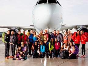Jackie Skinner and her partner Laura Takahashi, kneeling far left, and the rest of the competitors for the second season of The Amazing Race Canada. (Courtesy of CTV)