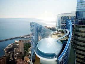 The penthouse and pool area of the Tour Odeon residential apartment block, developed by Groupe Marzocco SAM, in Monaco, France.