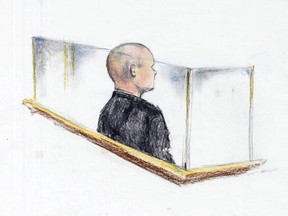 A sketch of Cody Legebokoff in court in Prince George, B.C. on Wednesday June 4, 2014. THE CANADIAN PRESS/Corey Hardeman ORG XMIT: PGX102 ORG XMIT: POS1406042016300232