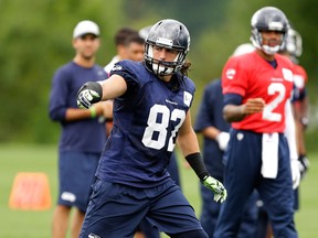 Seattle tight end Luke Willson lines up on a play on the final day of NFL football training camp in Renton, Wash. (AP Photo/Ted S. Warren)