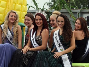 Nibby was joined by local beauties Tina Benotto, left, Alysha Rosaasen, Jillian Parent, Katelyn Samson, Agnesa Kelmendi and Chastine Lamoureux, right, during Tecumseh Corn Festival parade Saturday August 23, 2014. (NICK BRANCACCIO/The Windsor Star)