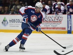 Windsor's Brady Vail carries the puck during a game against the Soo Greyhounds at the WFCU Centre. (DAN JANISSE/The Windsor Star)