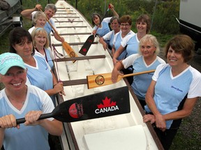 WonderBroads Breast Cancer Survivor Dragon Boat Team members Peggy Hurley, left, Cathy Moroun, Marcia Fuglewicz, Gail Lachance, Karen Gunn, top left, Yvonne Romeo, top right, Pat Richards, Cathy McCourt, Julie Lefaive, Marcella Beneteau and Jennifer Fraser will be off to Italy to compete in the World Championships.   (NICK BRANCACCIO/The Windsor Star)