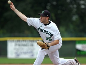 Windsor's Matt Rustulka throws a pitch in the opening game between the Windsor Stars and the Martingrove Sox at the 2014 Ontario Senior Eliminations at Cullen Field. (DAX MELMER/The Windsor Star)