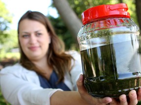 Water program manager of Environmental Defence, Nancy Goucher, holds a jar of non-toxic filamentous algae at Lakeside Park in Kingsville, Wednesday, August 13, 2014. Evironmental Defence presented four points to battle algae blooms in Lake Erie. (RICK DAWES/The Windsor Star)