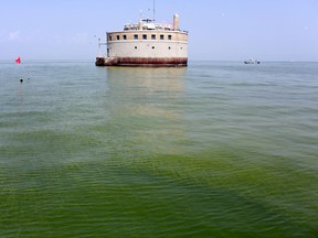The City of Toledo water intake crib is surrounded by algae, on Aug. 3, 2014, in Lake Erie, about 2.5 miles off the shore of Curtice, Ohio. (Haraz N. Ghanbari/The Associated Press)