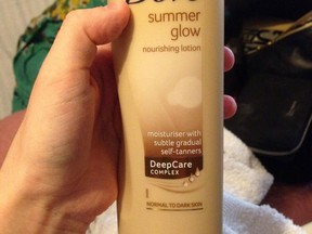 A photo of the offending Dove Summer Glow bottle, tweeted by @hatfulofalex.