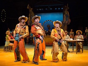 From left: Marcus Nance as Mingo, Steve Ross as Moose and Stephen Patterson as Sam with members of the company in Crazy for You. Photo by Cylla von Tiedemann.