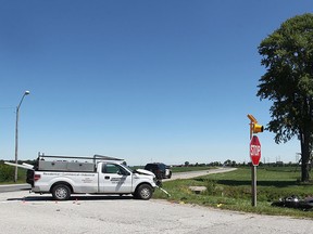 The scene of a fatal motorcycle accident at the intersection of County Road 46 and Rochester Townline Road, Wednesday, August 13, 2014. A 52 year old man riding a motorcycle was struck by a pick-up truck and died at the scene. (DAX MELMER/The Windsor Star)