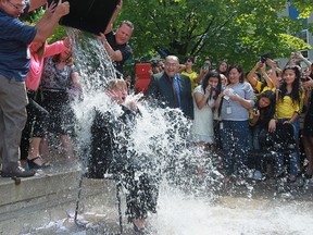 City of Windsor CAO, Helga Reidel, participates in the ALS Ice Bucket Challenge at City Hall Square on August 22, 2014. (JASON KRYK/The Windsor Star)