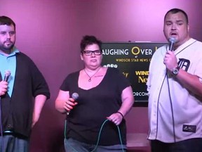 Comedians, Josh Haddon, Jon Peladeau, and Mel Lucier laugh it up at Laughing Over Lunch in the Windsor Star News Cafe, Friday, August 1, 2014.