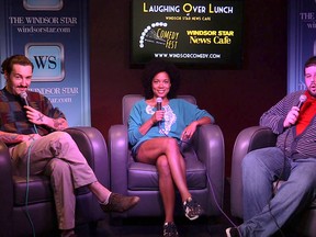 Comedians Jon Peladeau, Aisha Alfa and Troy Stark laugh it up at Laughing Over Lunch in the Windsor Star News Cafe, Friday, Aug. 8, 2014. (The Windsor Star)