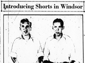 Shorts have at last made their appearance in the Border Cities as street wear for the discriminating young man. Here are the first two pairs, worn by Joseph and Abe Morrison, of 55 McKay avenue on July 2, 1930. The young men are employed in Detroit, where they became inoculated with the fashion which they are now introducing to the Border Cities. (Border Cities Star)