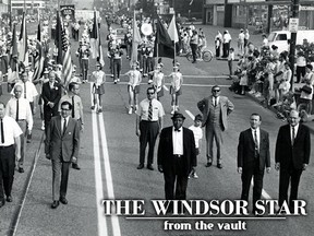 Leading this year's Labour parade on Sept. 2, 1969 were the following personalities: from left, front row, Herb Gray, MP; Mayor William C. Riggs, Ed Baillargeon, president of Windsor and District Labor Council; Hugh Peacock, MPP; Roy Perry, former alderman; Roy Moore, alderman, and Bernard Newman, MPP. Second row, from left, Mark MacGuigan, MP; Senator Paul Martin, Fred Burr, MPP; Ald Peter MacKenzie, Ald. Thomas Toth and Ald. Roy Battagello; third row, centre, from left, Gene Whelan, MP, and former Windsor Mayor Art Reaume. (FILES/The Windsor Star)