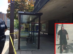 A photo of the crime scene in the 600 block of Ouellette Avenue on Aug. 18, 2014, with an image of the suspected robber inset. (Carolyn Thompson / The Windsor Star)