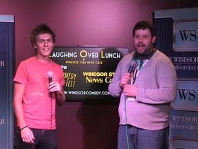 Comedians Jon Peladeau and Jarrett Sorko laugh it up at Laughing Over Lunch in the Windsor Star News Cafe, Friday, Aug. 15, 2014.