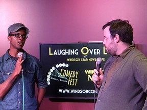 Comedians Jon Peladeau and Darnell Anderson laugh it up at Laughing Over Lunch in the Windsor Star News Cafe, Friday, Aug. 29, 2014.