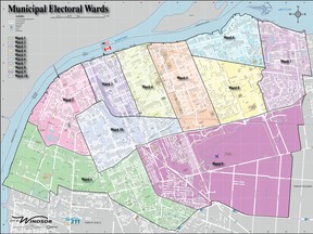 A map of the City of Windsor's 10 municipal electoral wards. (Handout / The Windsor Star)