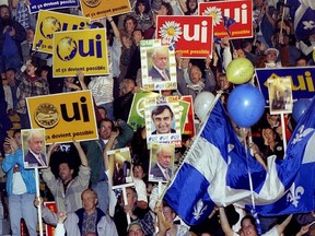 Sovereigntists participate in a referendum rally at Montreal's Verdun Auditorium on Oct. 25, 1995 during the referendum on Quebec separation.