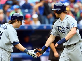 Wil Myers #9 and Ryan Hanigan #24 of the Tampa Bay Rays celebrate Wil Myers winning run in the 10th inning against the Toronto Blue Jays during MLB  action at the Rogers Centre September 14, 2014 in Toronto.  (Abelimages/Getty Images)