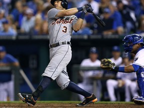 Detroit's Ian Kinsler hits a two-run homer in the fifth inning against the Kansas City Royals at Kauffman Stadium. (Photo by Ed Zurga/Getty Images)