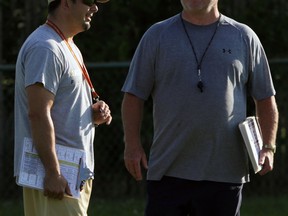 AKO Fratmen coaches Mike LaChance, left, and Mike Morencie chat before practice at Windsor Stadium. (NICK BRANCACCIO/The Windsor Star)