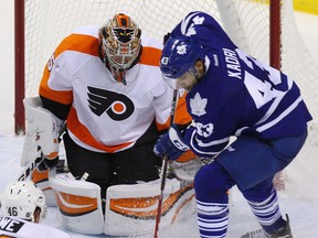Toronto's Nazem Kadri, right, is stopped by former Knights goalie Anthony Stolarz of the Flyers Monday during a pre-season game in London. (THE CANADIAN PRESS/Dave Chidley)