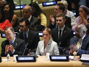 UN Women Goodwill Ambassador Emma Watson (C ) attends the HeForShe campaign launch at the United Nations on September 20, 2014 in New York, New York. (Photo by Eduardo Munoz Alvarez/Getty Images)