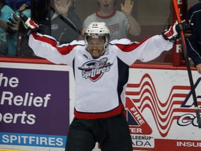 Windsor Spitfires centre Josh Ho-Sang celebrates a goal against the Plymouth Whalers Thursday at the WFCU Centre. (DAN JANISSE/The Windsor Star)